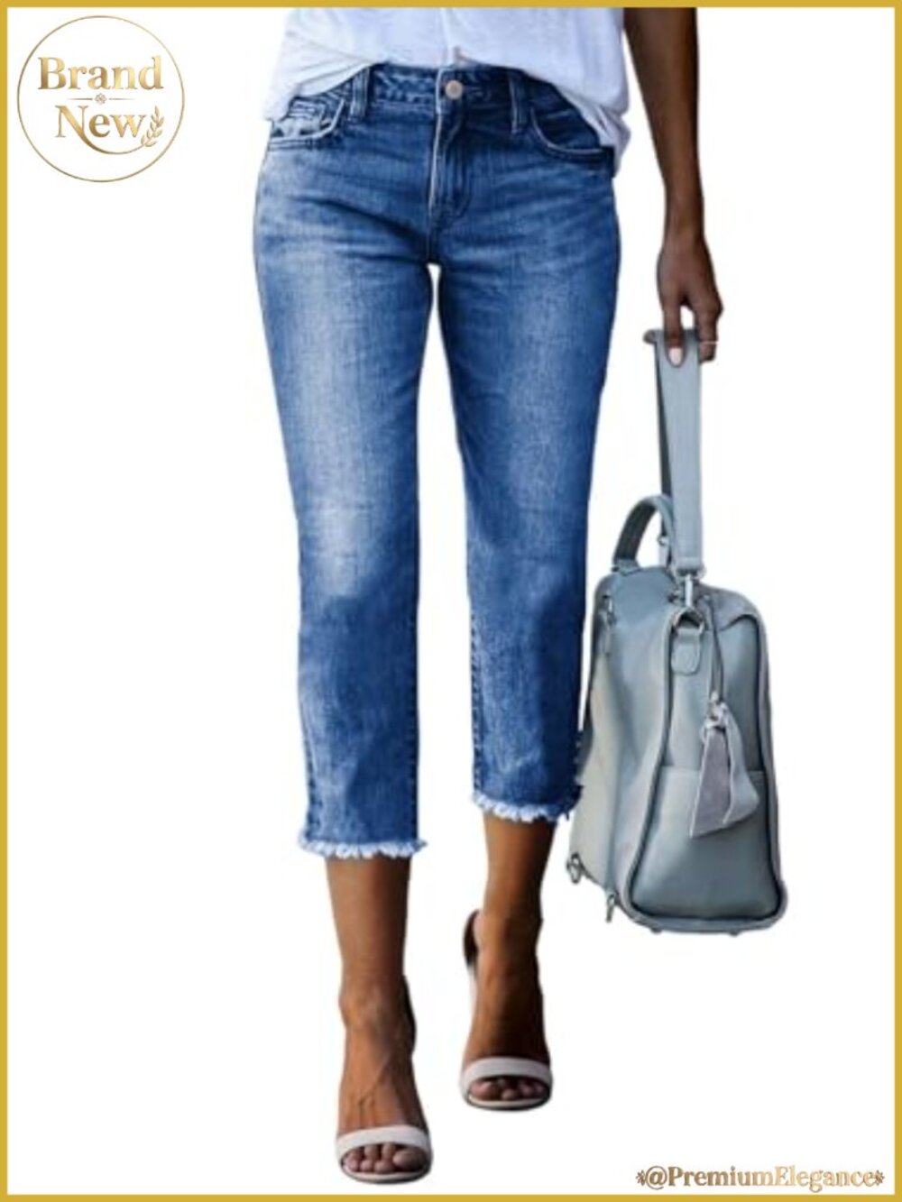 High Waisted Straight Leg Capri Jeans Raw Hem Stretchy Denim
